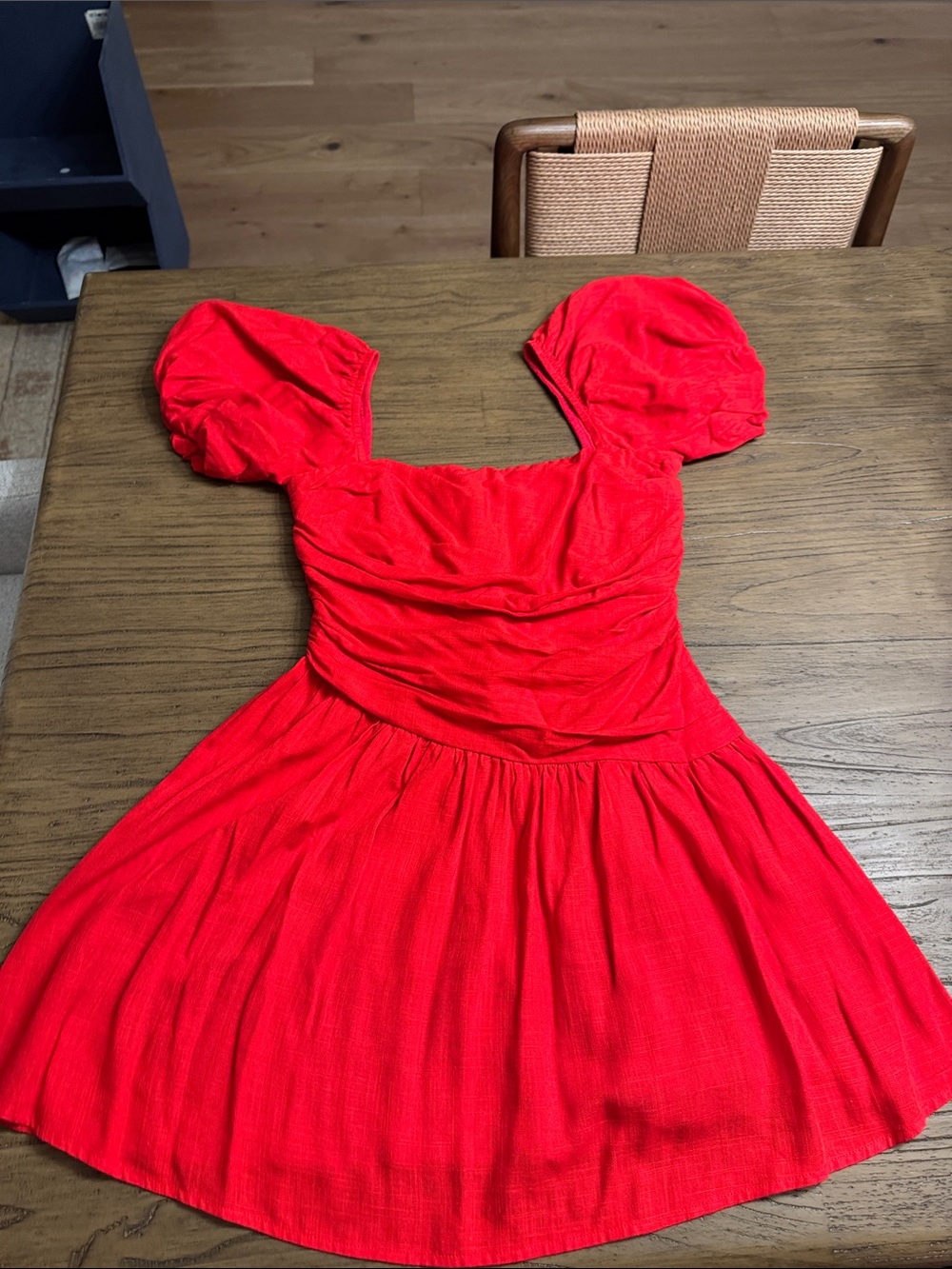 Red Puff-Sleeve Gathered Knit Asymmetrical Dress